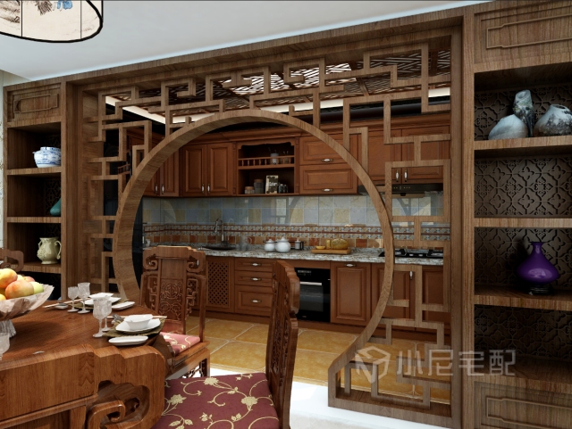 厨房采用开放式,与餐厅的隔断使用圆拱门加装饰柜,对空间极大限度的
